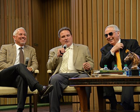 l-r, Todd Pletcher, Mike Maker, Lukas.<br>
D. Wayne Lukas roast.<br>
Emcee Frank Mirahmadi, l-r, Ron Moquett, Todd Fletcher, Mike Maker, Lukas, Dallas Stewart, Kiaran McLaughlin, George Weaver, and Mark Hennig.<br>
CBA (Consignors and Commercial Breeders Association Educational Symposium at Keeneland. April 17, 2017 Keeneland in Lexington, Ky.
