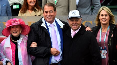 Bird Song's owner Mary Lou Whitney, left with her husband John Hendrickson, trainer, Ian Wilkes with his wife Tracy Wilkes after winning the 14th running of The Alysheba May 5, 2017 at Churchill Downs in Louisville, KY.