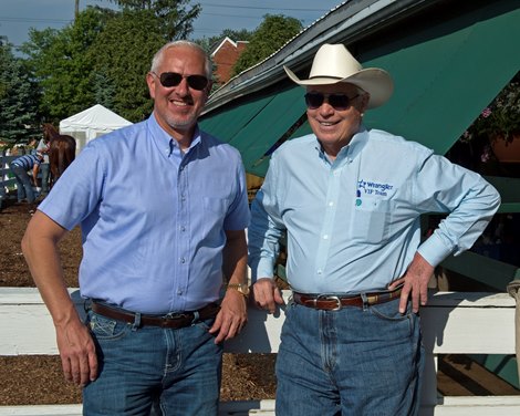 l-r, Todd Pletcher and D. Wayne Lukas<br>
Preakness contenders at Pimlico. <br>
May 18, 2017 Baltimore in Pimlico, Maryland.