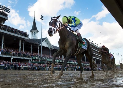 Jockey John Velazquez on Always Dreaming as he wins the 143rd running of the Kentucky Derby May 6, 2017 in Louisville, Kentucky.