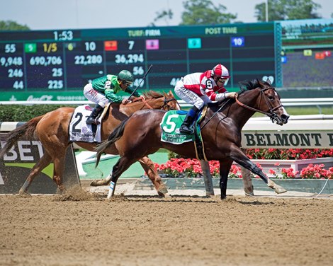 Songbird with Mike Smith wins the Ogden Phipps (G1) at Belmont Park  on June 10, 2017 in Elmont, New York.