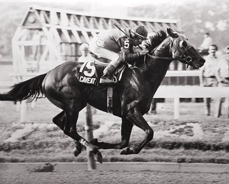Caveat wins the 1983 Belmont Stakes on June 11, 1983.