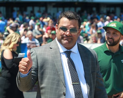 Trainer Jorge Navarro gives the thumbs up after Sharp Azteca wins the 2017 Monmouth Cup (G3)