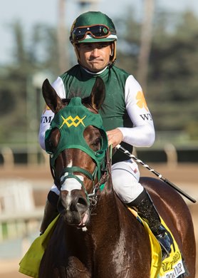 Jockey Corey Nakatani guides Bolt d&#39;Oro to the winner&#39;s circle after their victory in the G1, $300,000 FrontRunner Stakes, Saturday, September 30, 2017 at Santa Anita Park, Arcadia CA.<br><br />
