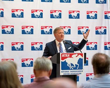 Alex Waldrop addresses<br>
NTRA Press Conference on pari-mutuel tax law changes.<br>
Sept. 26, 2017 in Lexington, Kentucky. 