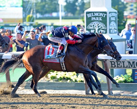 Caption: Tonalist with Joel Rosario <br>
wins the Belmont Stakes (gr. I) on June 7, 2014, at Belmont Park in Elmont, N.Y.<br>
11-Belmont1 image<br>
Photo by Anne M. Eberhardt