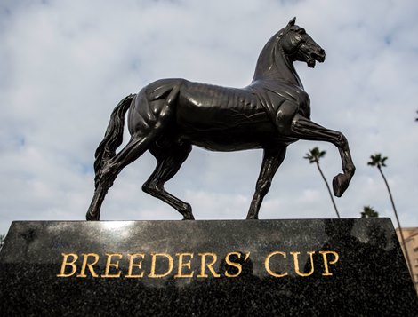 The symbol of the Breeders' Cup trophy presents proudly next to the paddock Wednesday Nov. 1, 2017 at Del Mar Race Track in San Diego, CA. The Breeders’ Cup Trophy is an authentic and totally faithful bronze reproduction of the Torrie horse. The original was created in Florence, Italy by Giovanni da Bologna, around the late 1580s. Each year the Breeders' Cup World Thoroughbred Championships award to the winner of each of 14 races a garland of flowers draped over the withers of the winning horse and four Breeders' Cup Trophy presented to the connections of the winners.
