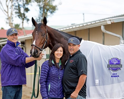 Wendy and Mick Ruis with Bolt d’Oro<br><br />
Breeders&#39; Cup horses on track at Del Mar racetrack on Nov. 2, 2017 Del Mar Thoroughbred Club in Del Mar, CA. 