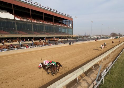 Cowgirl Callie (2, Outside) beating Royal&#39;s Position (6) in the Pat Whitworth Illinois Debutante December 2, 2017 at Hawthorne Racecourse.  Diego Sanchez up. 