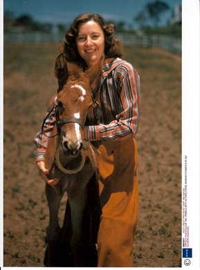 Barbara Stanwyck with a young foal at the Marwyck Ranch in California