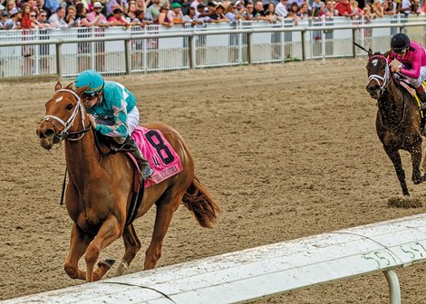 2/18/2018. -  Florent Geroux aboard Monomoy Girl captures the 38th running of the $200,000 Grade II Rachel Alexandra Stakes at Fair Grounds.