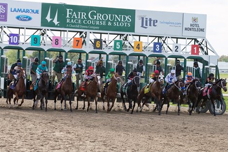 The field leaving the starting gate in the Twinspires.com Louisiana Derby at Fairgrounds Race Course on March 24, 2018.