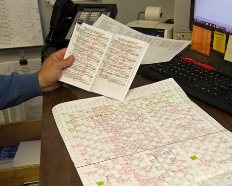 Tyler B. Picklesimer and his charting of races. Claiming process at the races with Turfway Park claims clerk Allegra Lee March 1, 2018 Turfway Park in Florence, Kentucky.