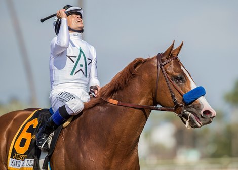 Justify and Mike Smith win the G1, $1,000,000 Santa Anita Derby Saturday, April 7, 2018 at Santa Anita Park, Arcadia, CA.