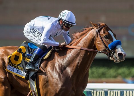 Justify and Mike Smith win the G1, $1,000,000 Santa Anita Derby Saturday, April 7, 2018 at Santa Anita Park, Arcadia, CA.