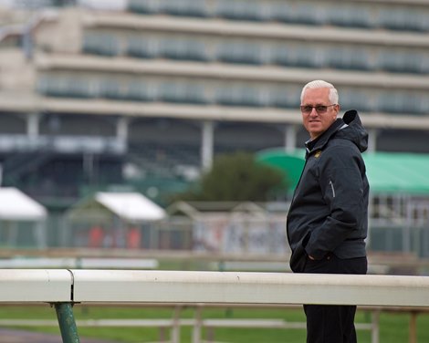 Todd Pletcher on track for mornig work<br><br />
Morning scenes at Churchill Downs on April 25, 2018 Churchill Downs in Louisville, Ky. 
