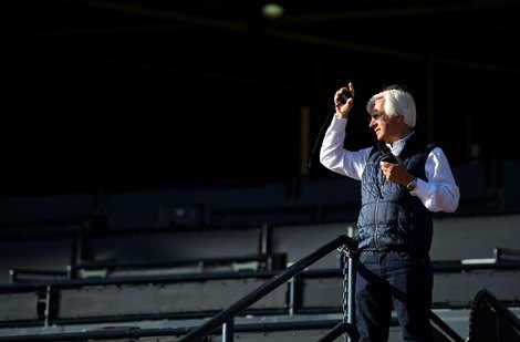 Trainer Bob Baffert during early morning workouts at Santa Anita Park