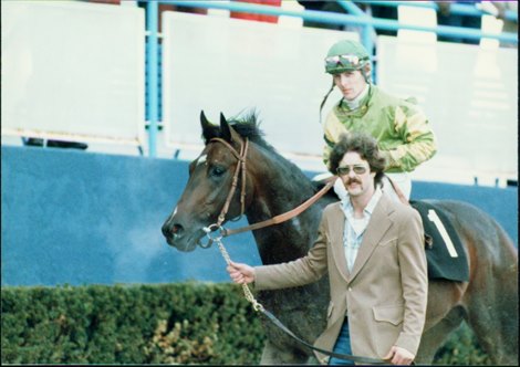 Robbie Davis aboard Gone West after winning the 1987 Gotham Stakes.