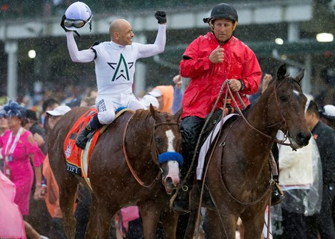 Justify and Mike Smith after winning the Kentucky Derby today at Churchill Downs on May 5, 2018.