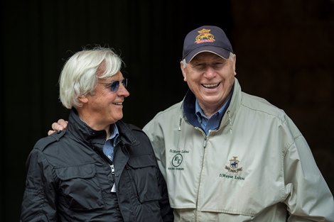 Trainers Bob Baffert and D. Wayne Lukas ham it up in the barn area of the Pimlico Race Course Friday May 18, 2018 in Baltimore, MD