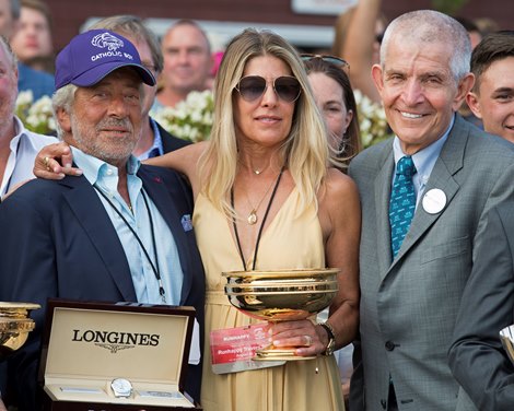 l-r, Robert LaPenta, Laurie LaPenta, Mack McIngvale. Catholic Boy with Javier Castellano up wins the Travers (G1) for Robert LaPenta, Madaket Stables, Siena Farm, and Twin Creeks Racing for trainer Jonathan Thomas<br>
Training and racing at Saratoga Aug. 25, 2018 Saratoga in Saratoga Springs, New York. 