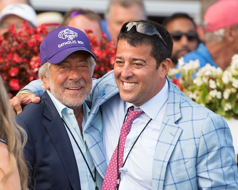 Owners Robert LaPenta and Sol Kumin. Catholic Boy with Javier Castellano up wins the Travers (G1) for Robert LaPenta, Madaket Stables, Siena Farm, and Twin Creeks Racing for trainer Jonathan Thomas<br>
Training and racing at Saratoga Aug. 25, 2018 Saratoga in Saratoga Springs, New York.