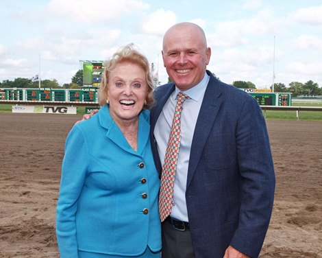 Pin Oak Stable Owner Josephine Abercrombie (L) and Trainer Michael Stidham after Synchrony #2  won the $100,000 Grade III Red Bank Stakes at Monmouth Park in Oceanport, New Jersey on Saturday September 1, 2018. Photo By Bill Denver/EQUI-PHOTO