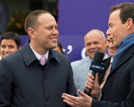 Chad Brown, left, with Nick Luck NBC. Newspaperofrecord (IRE) with Irad Ortiz Jr. wins the Breeders&#39; Cup Juvenile Fillies Turf $1,000,000 Guaranteed (G1T) at Churchill Downs on November 2, 2018.