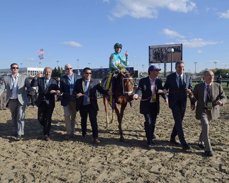 Monomoy Girl with Florent Geroux wins the Longines Breeders' Cup Distaff (G1) at Churchill Downs on November 3, 2018. Brad Cox, Sol Kumin, Michael Dubb