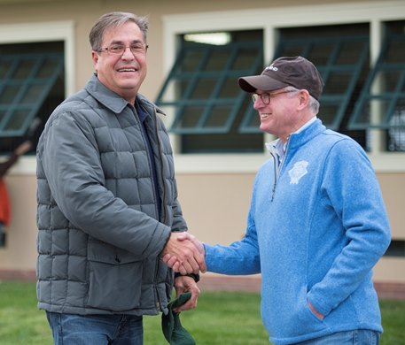 Trainer John Sadler, left, with Bill Farish of Lane's End.  Accelerate arrives at Lane's End near Versailles, Ky.