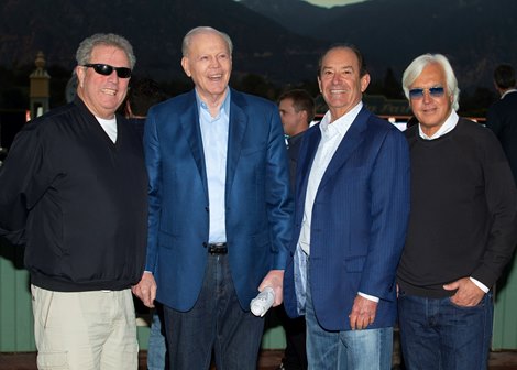 Owner&#39;s Mike Pegram, left, Paul Weitman, second from left, and Karl Watson, third from left, celebrate with trainer Bob Baffert, right, after McKinzie&#39;s victory in the Grade I, $300,000 Malibu Stakes, Wednesday, December 26, 2018 at Santa Anita Park, Arcadia CA.&#169; BENOIT PHOTO