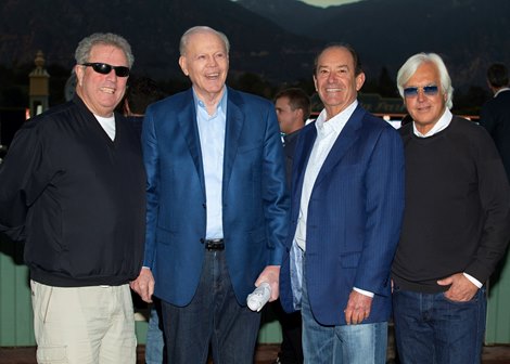 Owner's Mike Pegram, left, Paul Weitman, second from left, and Karl Watson, third from left, celebrate with trainer Bob Baffert, right, after McKinzie's victory in the Malibu Stakes, Wednesday, December 26, 2018 at Santa Anita Park, Arcadia CA.<br>
© BENOIT PHOTO