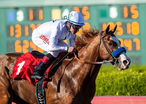 Improbable and jockey Drayden Van Dyke win the Grade I, $300,000 Los Alamitos Cash Call Futurity, Saturday, December 8, 2018 at Los Alamitos Race Course, Cypress Ca.<br><br />
&#169; BENOIT PHOTO