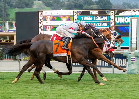 Next Shares and jockey Geovanni Franco, outside, outleg Liam the Charmer (Kent Desormeaux), middle, and Cleopatra&#39;s Strike (Rafael Bejarano), inside, to win th eGrade II, $200,000 San Gabriel Stakes, Saturday, January 5, 2018 at Santa Anita Park, Arcadia CA. &#169; BENOIT PHOTO