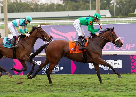 Si Que Es Buena and Chris Landeros winning the La Prevoyante at Gulfstream Park on January 26, 2019. 