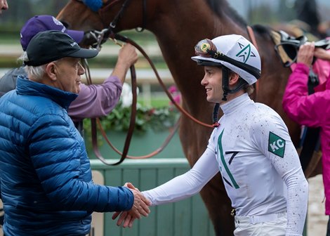 Trainer Jerry Hollendorfer, left, celebrates with jockey Flavien Prat, right, after Battle of Midway's victory in the Grade II, $200,000 San Pasqual Stakes, Saturday, February 2, 2019 at Santa Anita Park, Arcadia CA.<br>
© BENOIT PHOTO