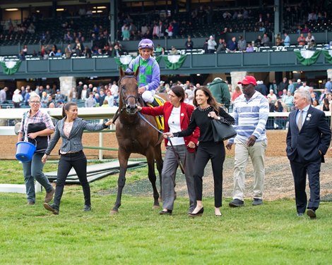 Trainer Josie Carroll, in red, and owner’s daughter Colleen Dalos. ColleenAvie&#39;s Flatter with Javier Castellano wins the Kentucky. Utilities Transylvania (G3)  at Keeneland in Lexington, Ky., on April 5, 2019