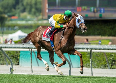 Vasilika and jockey Flavien Prat win the G2, $200,000 Royal Heroine Stakes, Saturday, April 6, 2019 at Santa Anita Park, Arcadia CA.