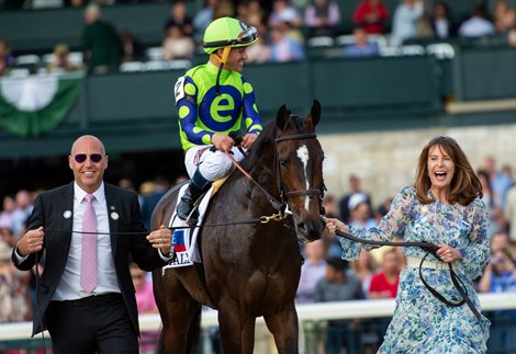 Rushing Fall, win Javier Castellano up, wins the Jenny Wiley at Keeneland. Photo by: Adrianna Lynch
