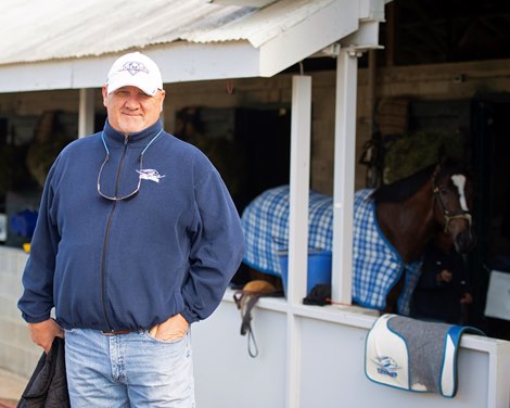 Trainer Kenny McPeek with Signalman in background<br><br />
Morning sales and racing scenes at Keeneland in Lexington, Ky., on April 4, 2019