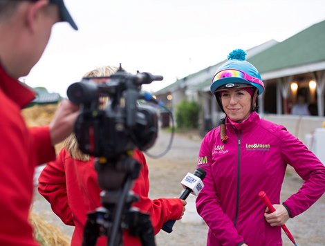 Sophie Doyle doing interview with WAVE 3 News in Louisvlle. Morning scenes at Churchill Downs during Derby week 2019  April 28, 2019 in Louisville,  Ky. <br><br />
