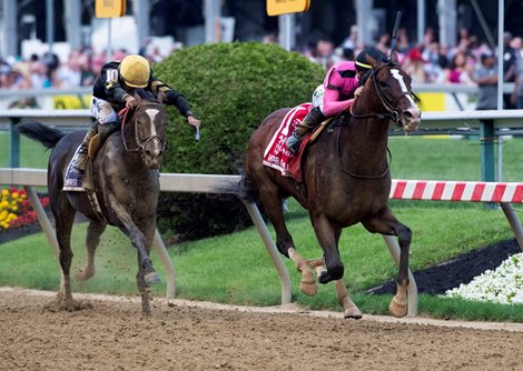 Jockey Tyler Gaffalione guides War of Will up the rail to win  the 144th running of The Preakness Stakes on War of Will Saturday May 8th at Pimlico Race Course in Baltimore, MD