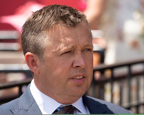 Ron Moquett trainer for Fleeterthan with Joel Rosario wins Race 3. <br><br />
Mornings at Pimlico Race Course in Baltimore, Md. May 17, 2019 in Baltimore,  Md.