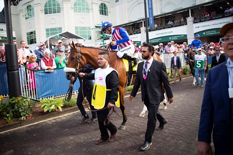 Bellafina with Flavien Prat up walk from the paddock before the 145th Longlines Kentucky Oaks at Churchill Downs during Derby week 2019 on May 3, 2019 in Louisville, Ky. <br><br />
