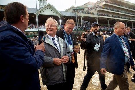 Bill Mott celebrates after the announcement of Country House's Kentucky Derby victory at Churchill Downs on Derby Day on May 4, 2019 in Louisville, Ky.