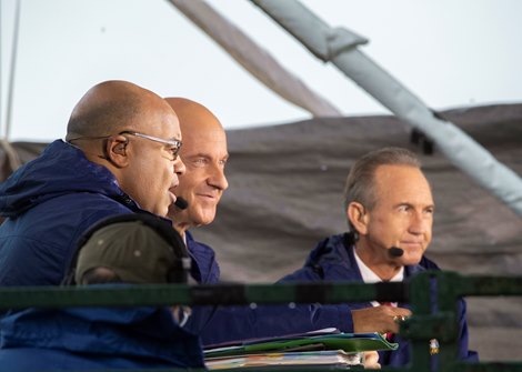 NBC broadcast team of Mike Tirico, left Randy Moss, center and Jerry Bailey, right cover the Kentucky Derby Saturday May 4, 2019 in Louisville, KY.