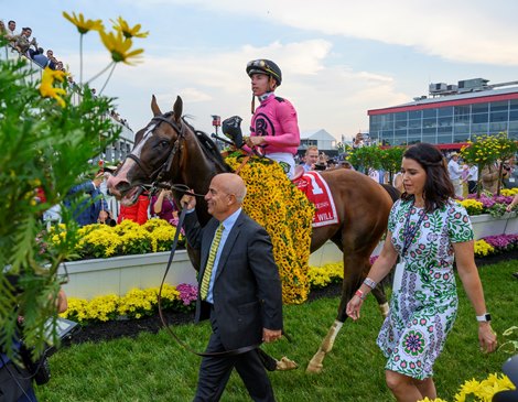 Jockey Tyler Gaffalione sits atop War of Will and is lead to the winner’s circle by trainer Mark Casse after winning the 144th running of The Preakness Stakes on War of Will Saturday May 8th at Pimlico Race Course in Baltimore, MD