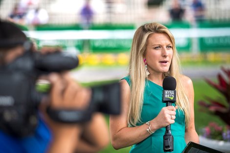 NYRA Broadcaster Maggie Wolfendale speaks about today’s races at Belmont Park Friday June 7, 2019 in Elmont, N.Y.  