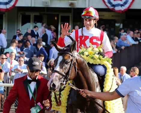 Bricks and Mortar with Irad Ortiz Jr. win the 118th Running of the Manhattan (GI) at Belmont Park on June 8, 2019. 