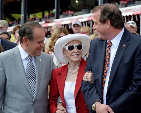 with Barry Schwartz, left, and John Hendrickson The Red Jacket Ceremony honoring Marylou Whitney and Ogden Mills (Dinny) Phipps at Saratoga on Aug. 28, 2015.
